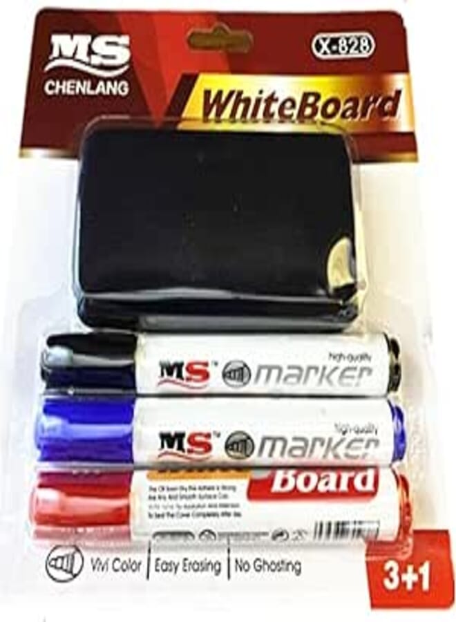 MS Whiteboard Set of a Duster and 3 Markers ( Blue / Black / Red ) Value Pack